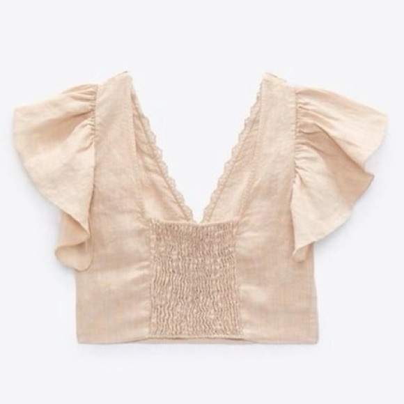 ZARA Boho Linen Ruffle Sleeve Crop Top S - Picture 3 of 15